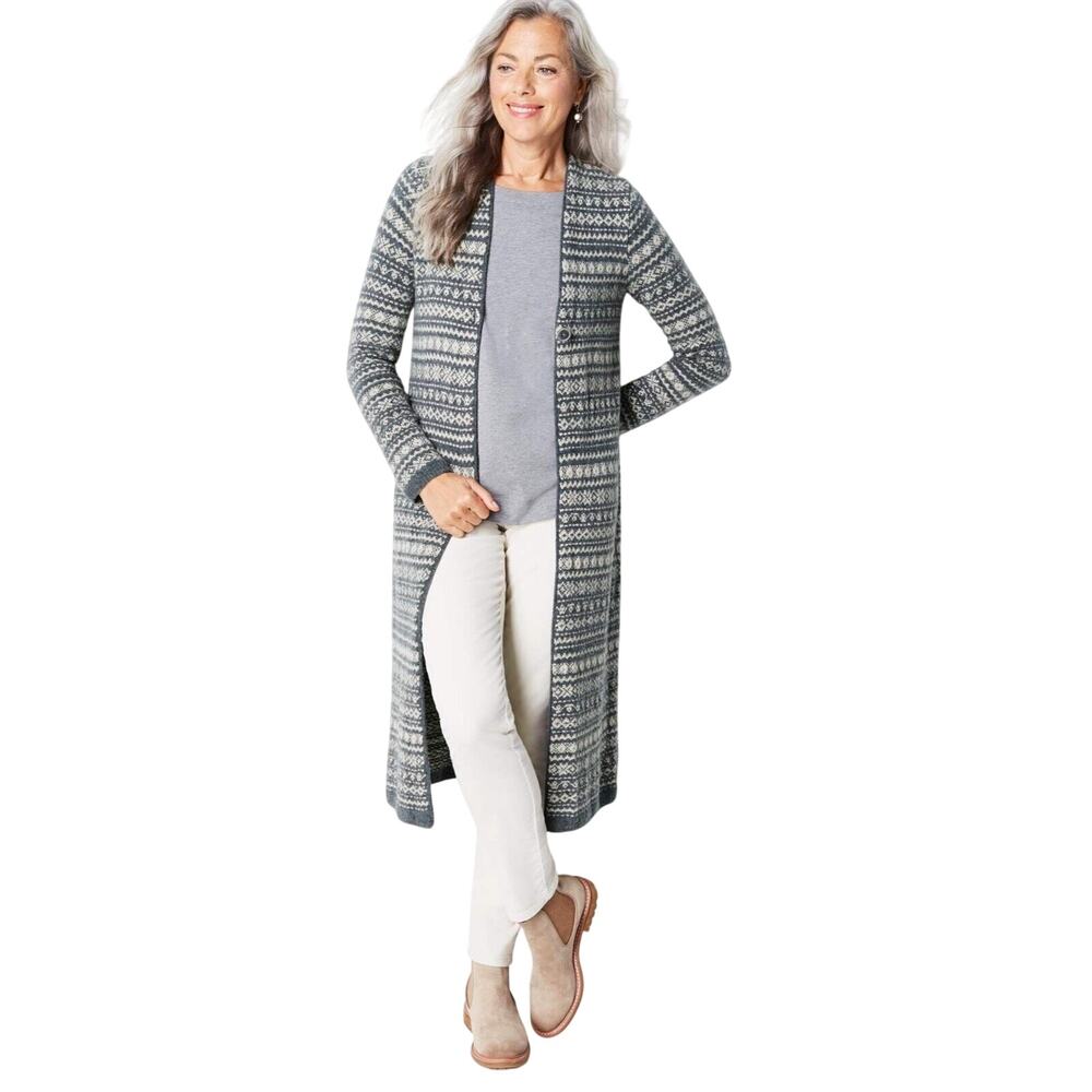 J.Jill Midi Cotton Wool Button Cardigan Sweater Gray Cream Petite Medium
